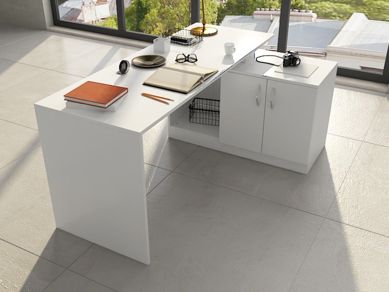 Birou Basak, Elegance, 130x105x74 cm, alb - imagine 6